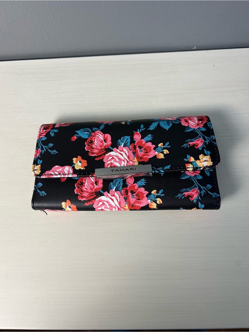 Tahari Black Floral Clutch Wallet with Pink and Blue Blooms